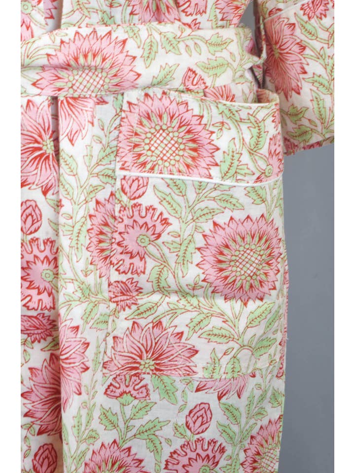 Kantha Decor - Wholesale Kimono - Women's - Cotton Kimono Dressing Gown Robe - Pink Sunflowers On Cream