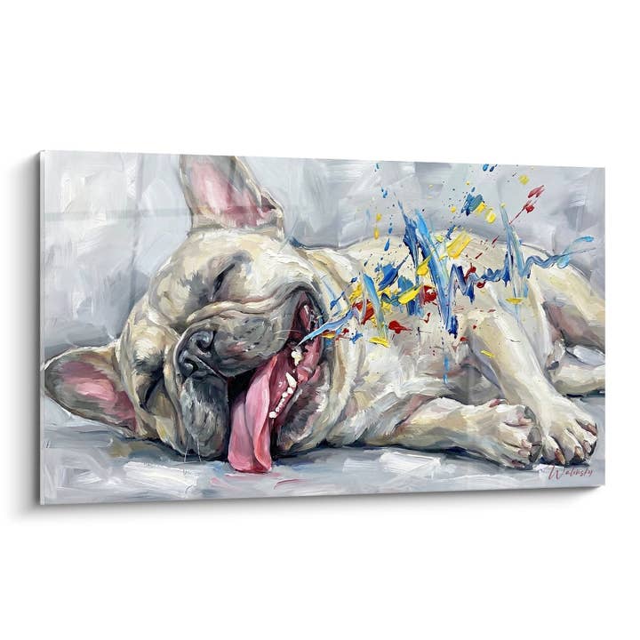 French Bulldog Lying with Colorful Splashes - Canine Happiness - French Bulldog Painting Edition for wholesale by Walensky
