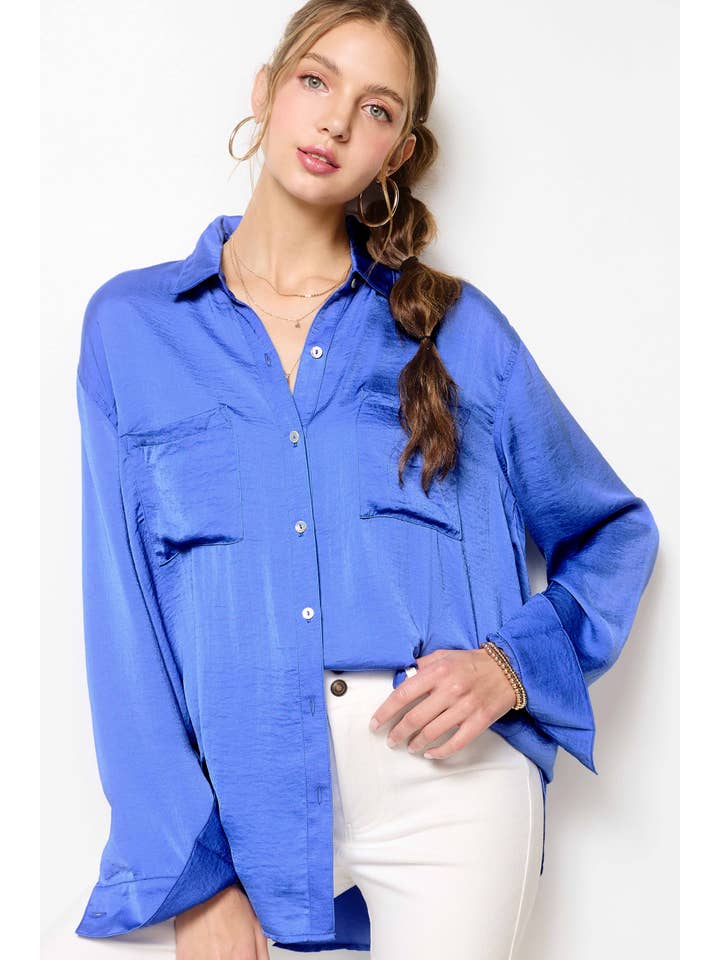 La Miel - Wholesale Button Down Shirt - Women's - SRT7452-Silky and Flowy Button Down Long Sleeve Shirts12