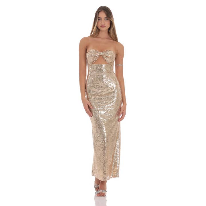 Lucy In The Sky - Wholesale Dress - Women's - Sequin Bow Cutout Maxi Dress in Gold