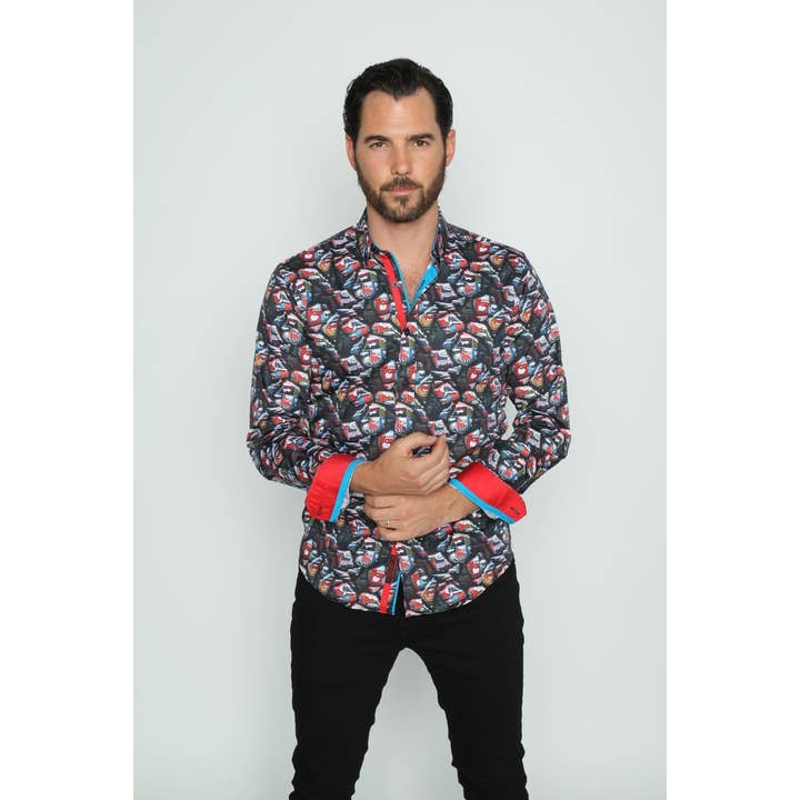 Comic Style Dark Button Up Met Trim #M -10386 voor wholesale door EIGHT X