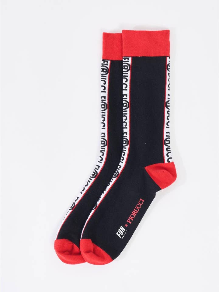 Fiorucci x Fun Black & Red Mid Calf Logo Text Socks for wholesale on Faire4
