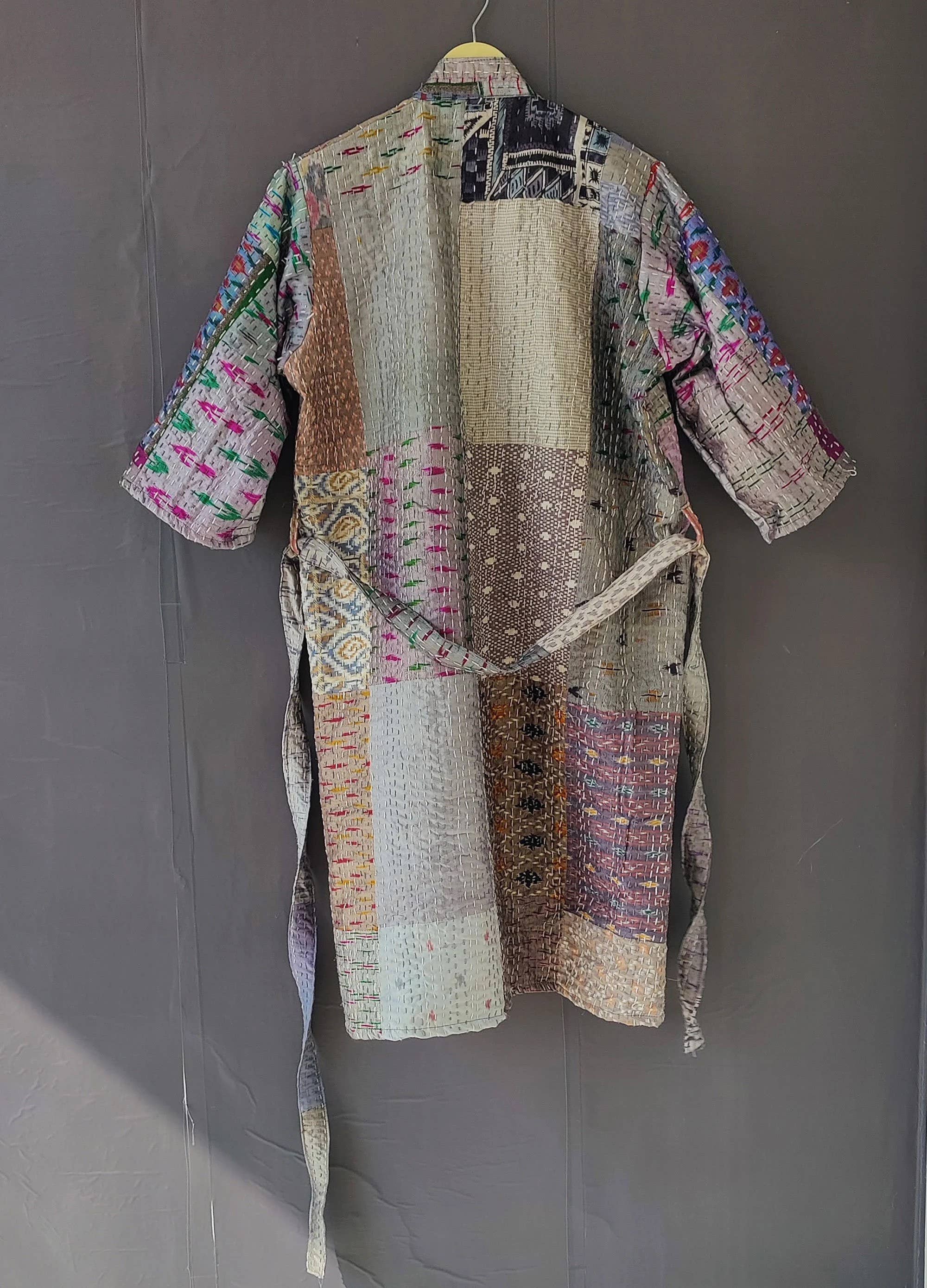 bhavnas boutique - Wholesale Robe - Women's - Silk Gray patola Kantha Quilt Jacket Women Bath Robe3