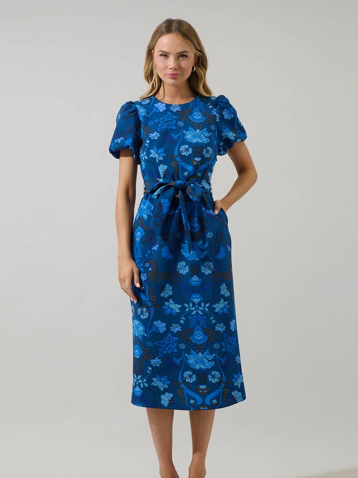Palmate Floral Senidy Puff Sleeve Midi Dress for wholesale by Sugarlips