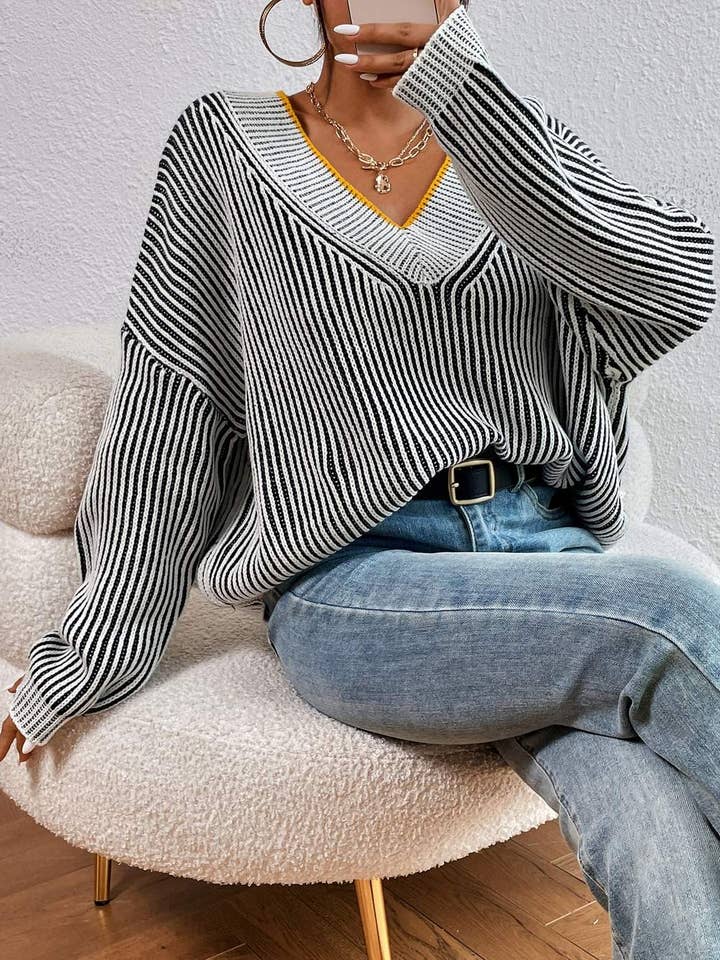 Flarix - Wholesale Knit Sweater - Women's - vertical stripe pattern drop shoulder sweater