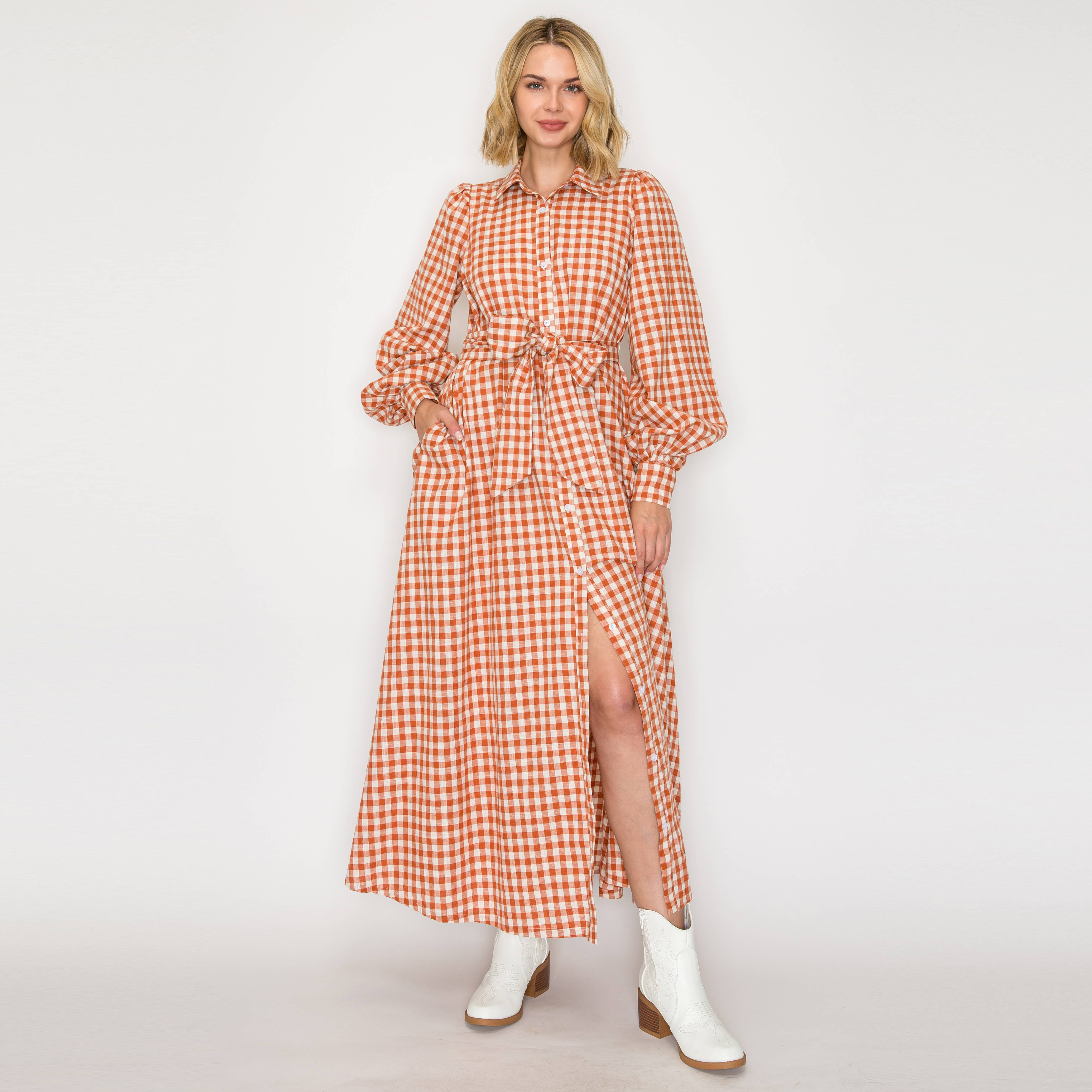 LoveWednesday - Wholesale Dress - Women's - Rust Gingham Daydream Maxi Shirt Dress - LWD31910