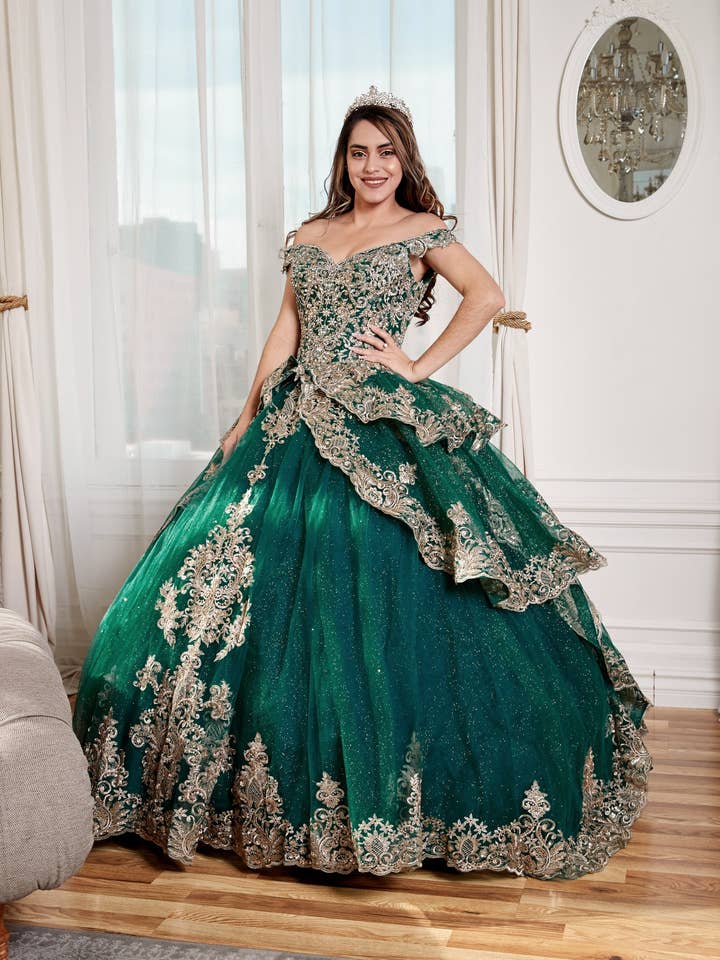 Applique Off-Shoulder Layered Ball Gown by Calla WB20525 for wholesale by LA Merchandise