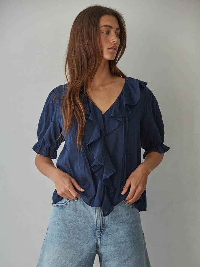 Navy L8439 | Woven Cotton Buttondown V-Neck Short Sleeve Top for wholesale on Faire