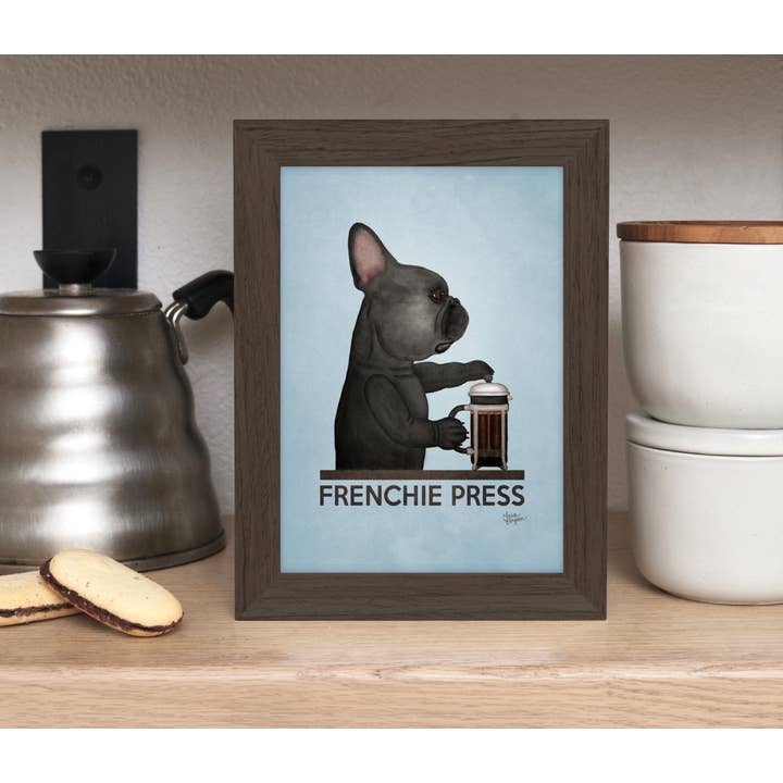 Laura Bergsma Studio - Venta al por mayor Ilustración - Impresión artística del perro bulldog francés, Frenchie Press, edición negra