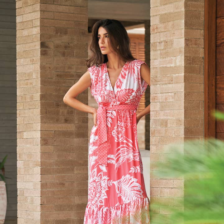 GLAMOROUS LEAVES SURPLICE MAXI DRESS for wholesale by Cosita Linda