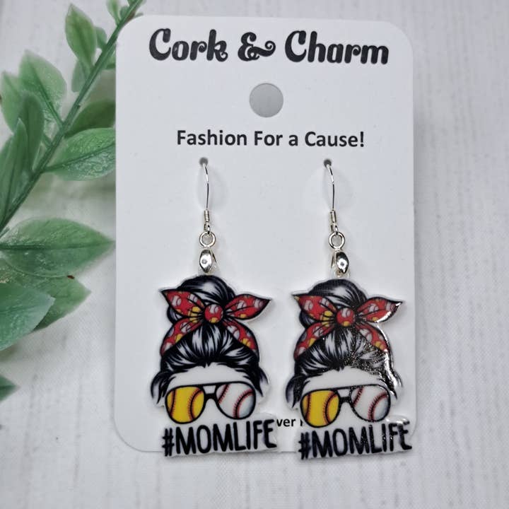 Baseball Softball Mom Mom Life Acrylic Sterling Silver Earrings for wholesale by Cork and Charm
