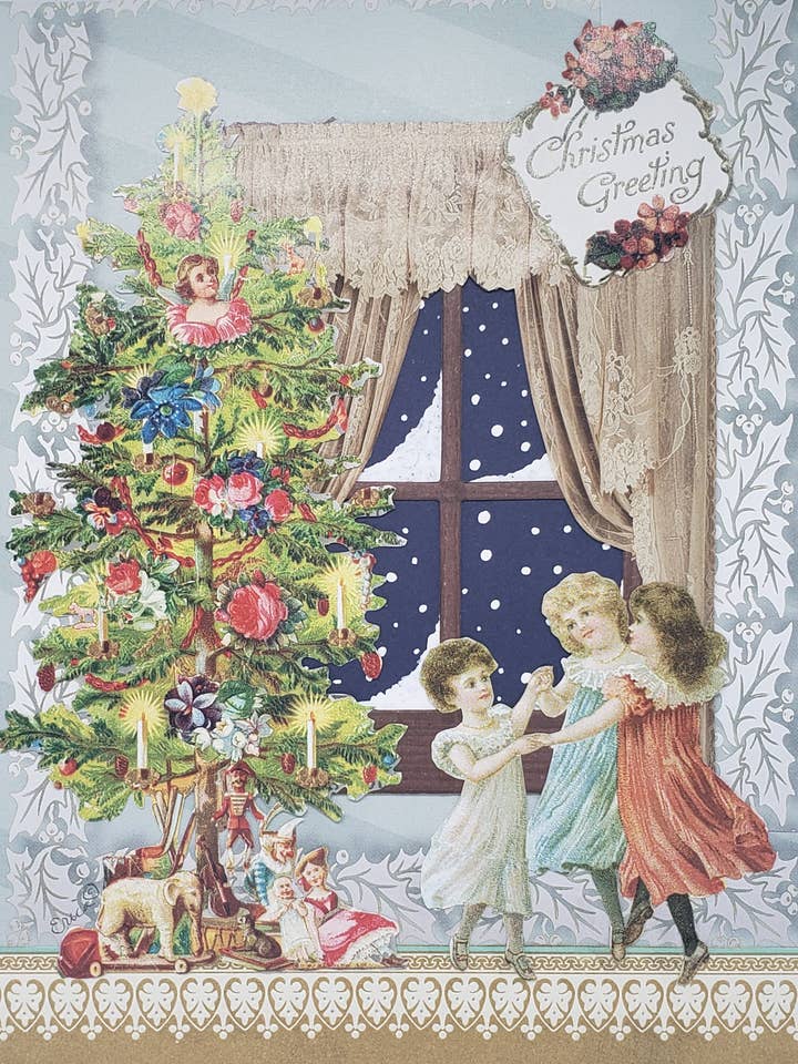 Biglietto natalizio vittoriano per bambini, biglietto per albero di Natale per la vendita all'ingrosso da parte di Erica DiPaolo Designs