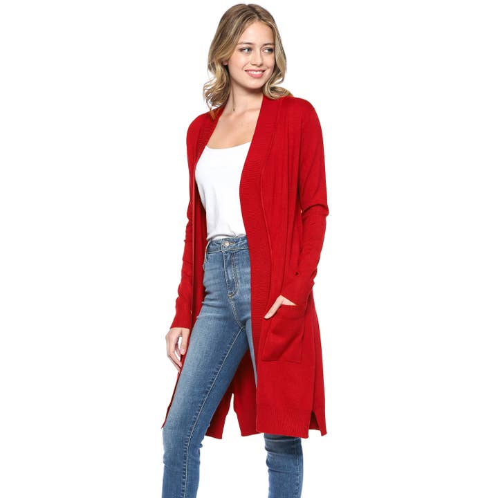 Urban Look - Wholesale Cardigan - Women's - Premium Open Front Pocket Duster Cardigan Red1