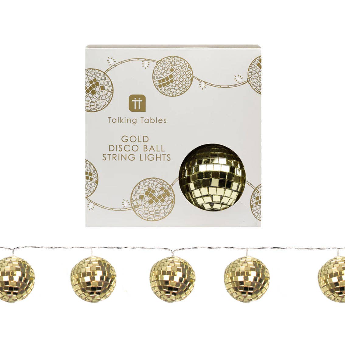 Talking Tables UK – wholesale String lights – Luxe Gold Disco Balls String Lights - 1.6m0