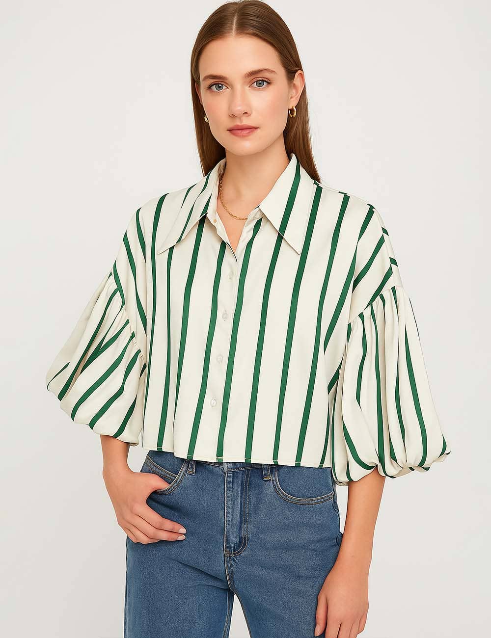 Sweetkama – wholesale Buttoned-down shirt – Women's – Ladies Striped Puff Sleeves Button Shirt SP0683