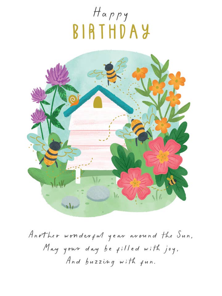 CARTE DE VŒUX D'ANNIVERSAIRE EN PAPIER ROSE AVEC ABEILLES BOURDONNANTES pour la vente par Notes & Queries, Inc.