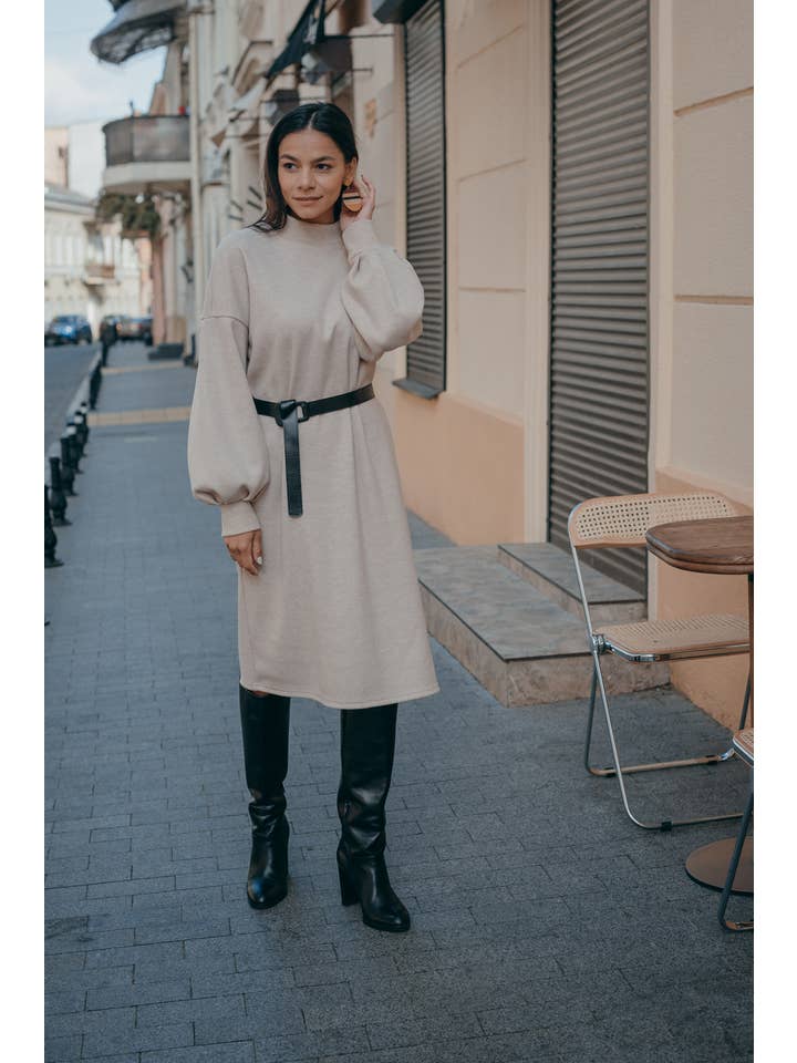 Azuri - Wholesale Dress - Women's - Beige Angora Straight Dress