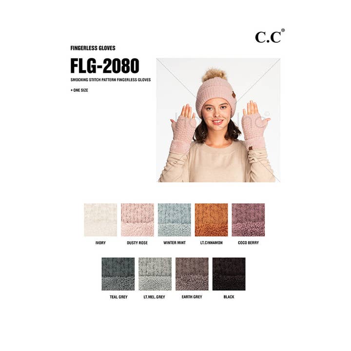 Hana - Wholesale Gloves - Women's - C.C Smocking Stitch Pattern Fingerless Gloves11