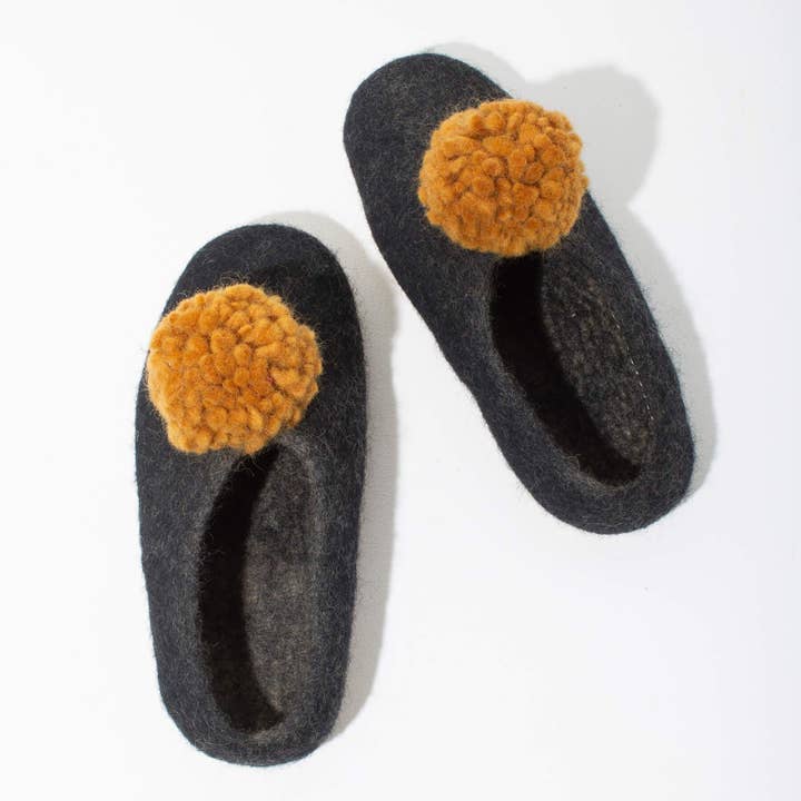 MULXIPLY - Venta al por mayor Zapatillas para casa - Mujer - Zapatillas de Fieltro con Pompones en Gris Oscuro y Dorado Talla Pequeña