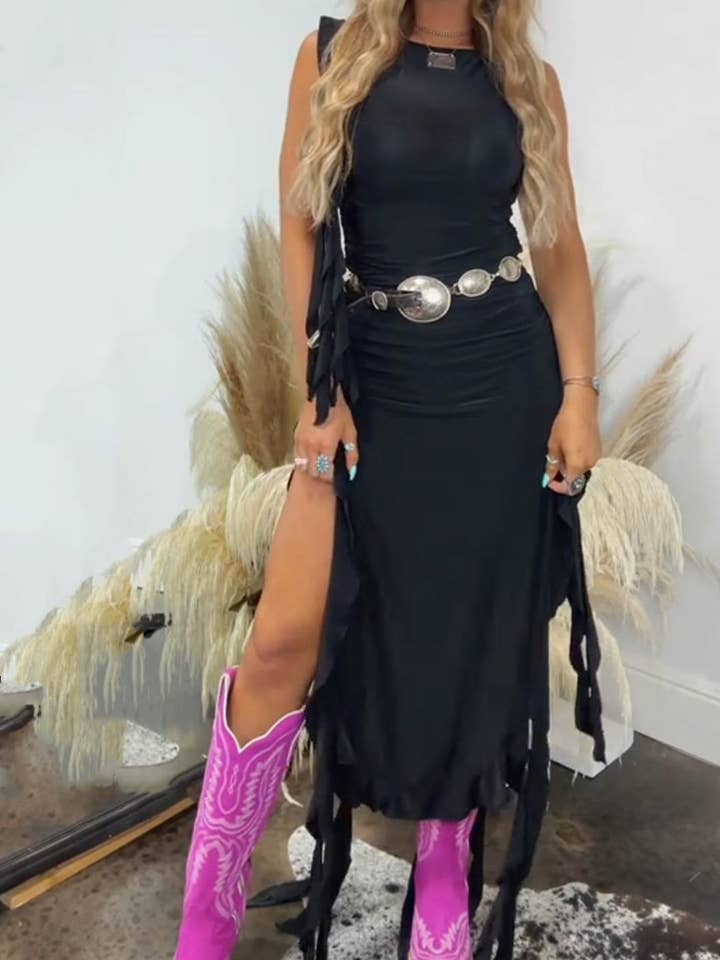 Rosa Clothing - Wholesale Dress - Women's - Western Cowgirl Coachella Ruffled Slit Dress