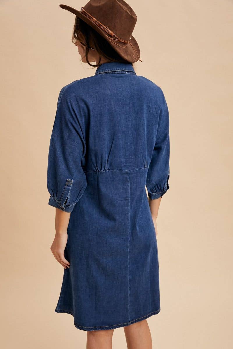 DENIM FONCÉ Robe midi en denim Lyocell extensible à manches dolman en vente sur Faire3
