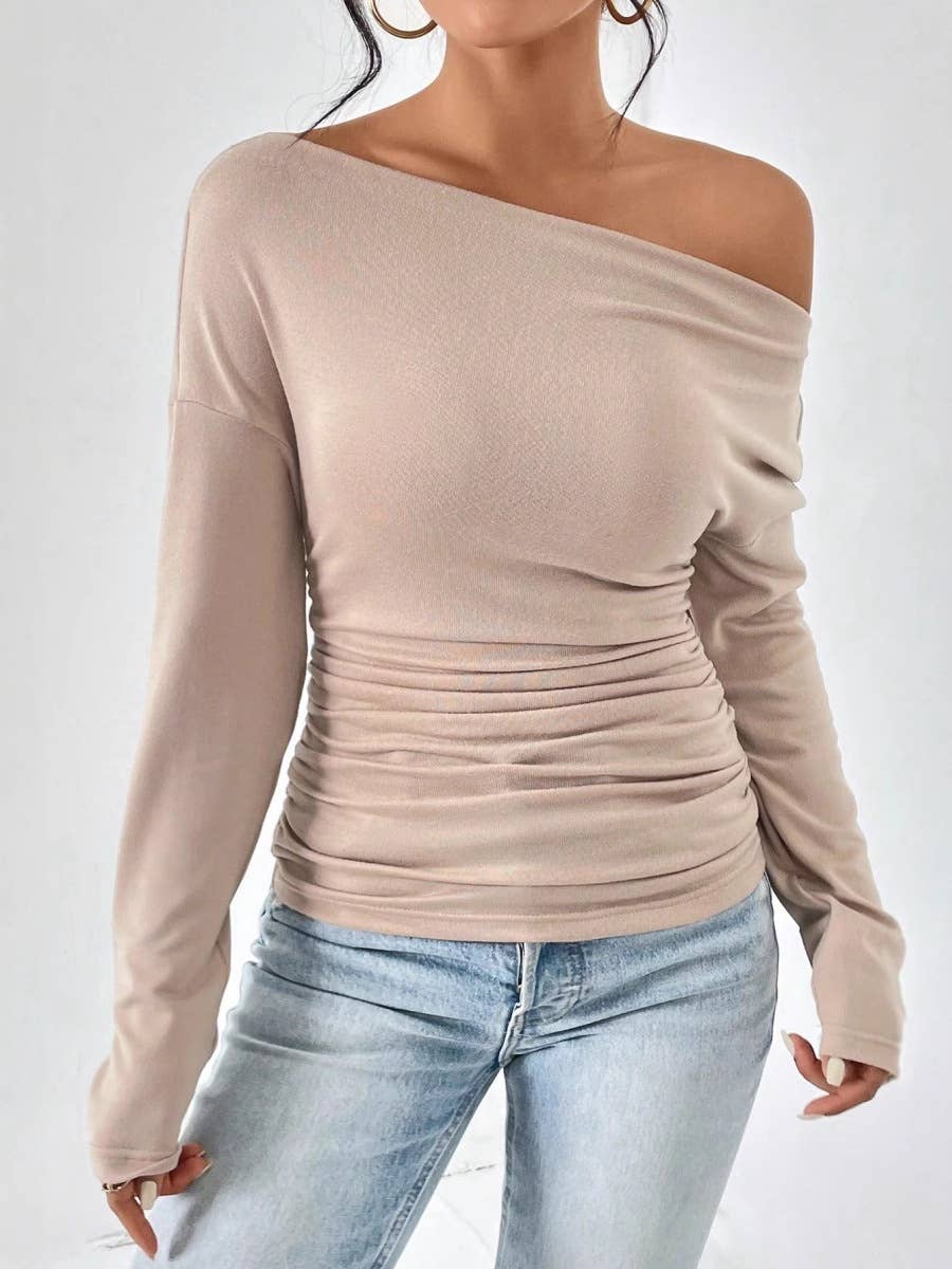 VividLux - Vendita all'ingrosso Top in maglia - Donna - T-shirt skinny monospalla a maniche lunghe in tinta unita4