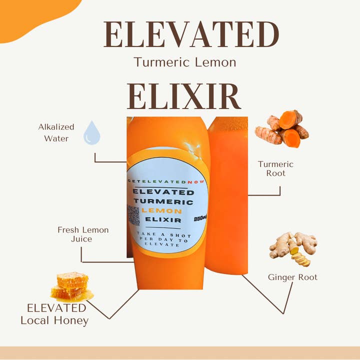 Natural Elevation llc - Vendita all'ingrosso Sciroppi - ELISIR ELEVATO - Curcuma, zenzero, limone e acqua alcalina