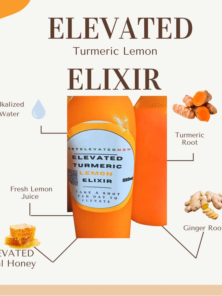 FÖRHÖJD ELIXIR - Gurkmeja, ingefära, citron och alkaliserat vatten för wholesale av Natural Elevation llc