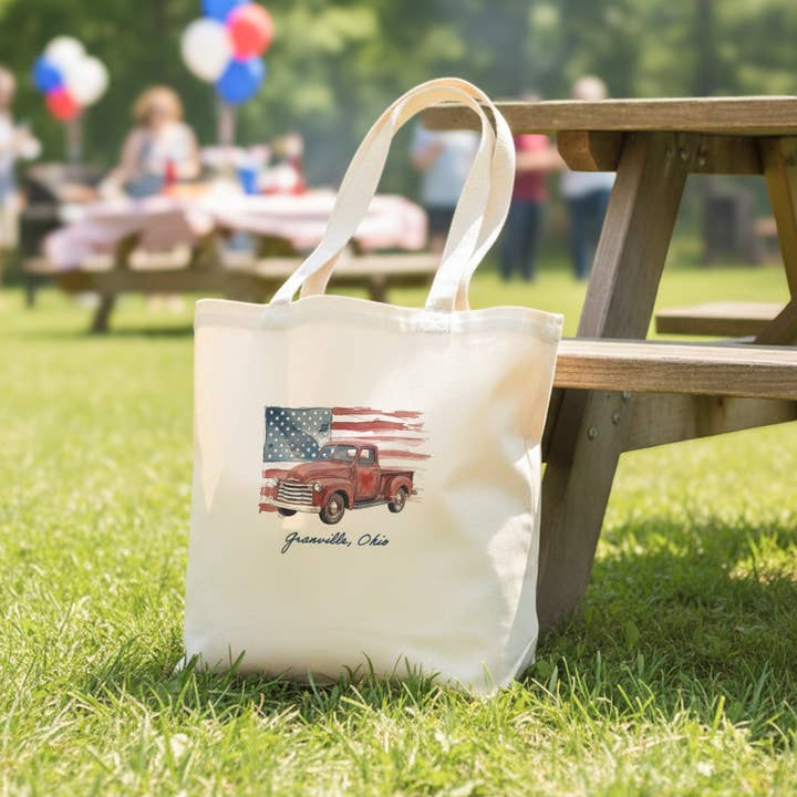 Watercolor American Flag & Red Truck Custom Canvas Tote Bag for wholesale by Heritage 76