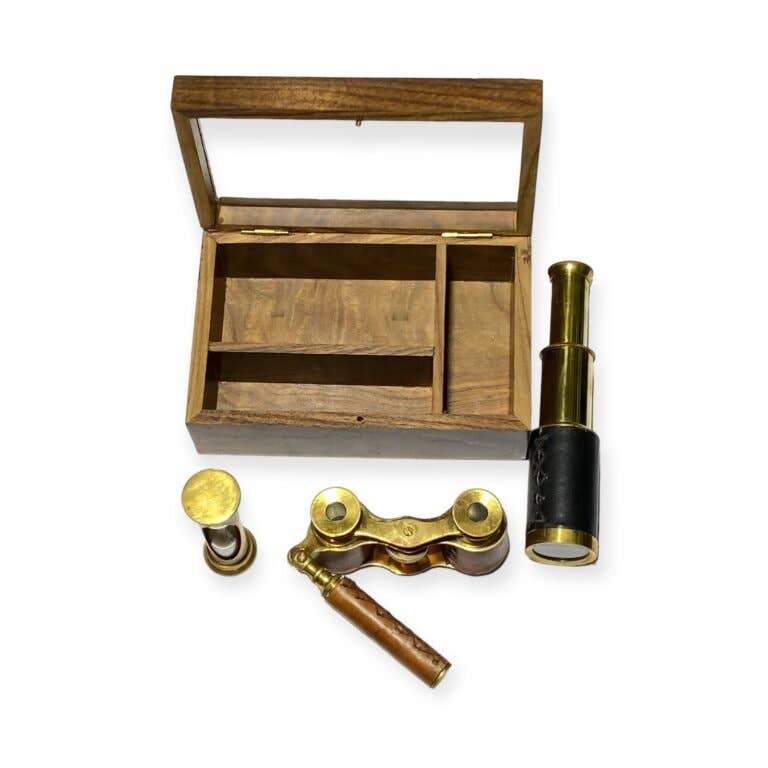 Nautical n Tropical - Wholesale Decorative tabletop object - Set of 3 Game – Binocular,Sand Timer & Telescope