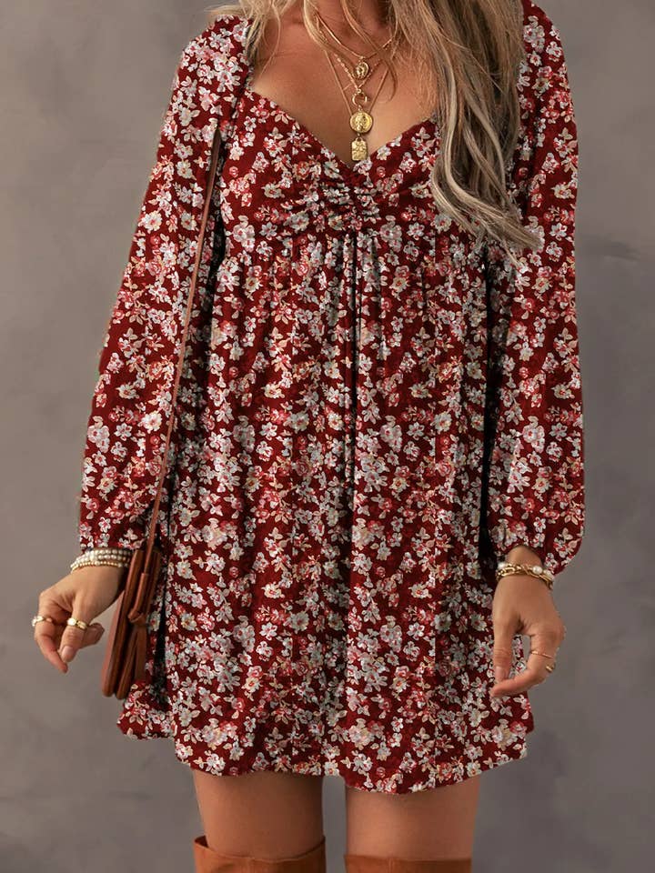 Lovesoft - Wholesale Dress - Women's - Green Floral Print Sweetheart Neck Shirred Back Mini Dress7