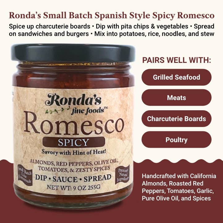 Spicy Romesco Dip/Sauce/Spread 9oz Glass Jar 12ct Case for wholesale by Ronda's Fine Foods