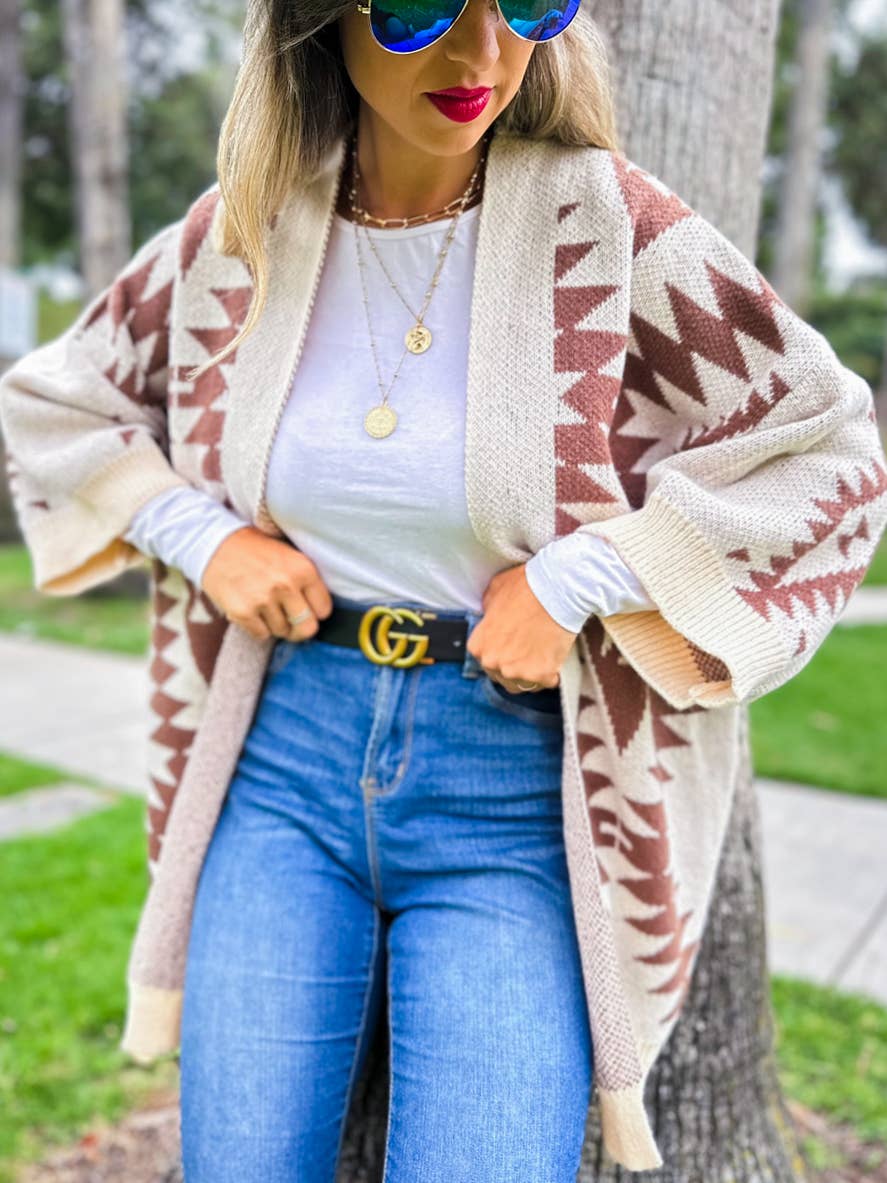 Brown Open Front Aztec Printed Knitted Cardigan for wholesale on Faire1