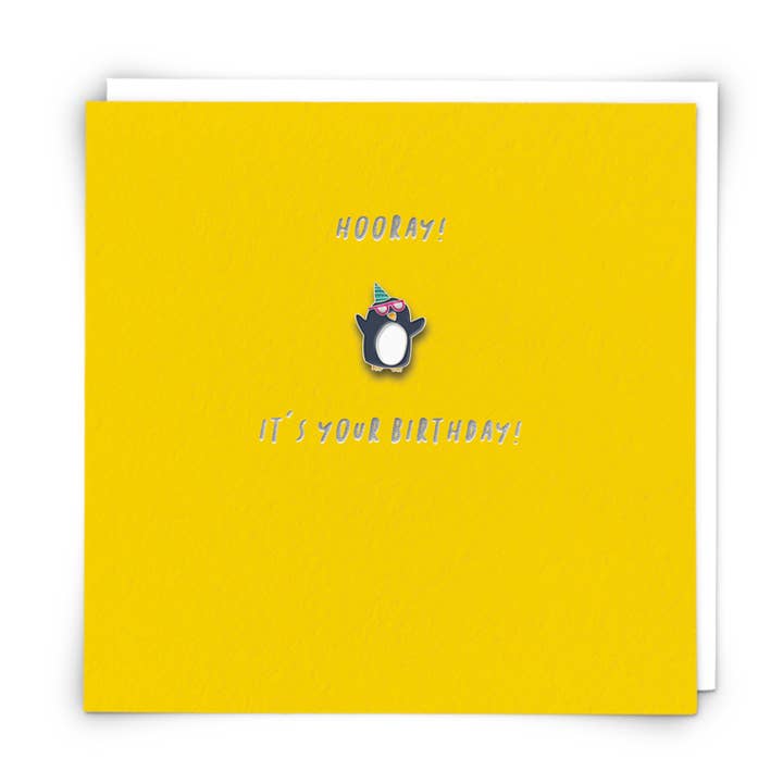 Biglietto di auguri Party Penguin con spilla smaltata per la vendita all'ingrosso da parte di Redback Cards UK