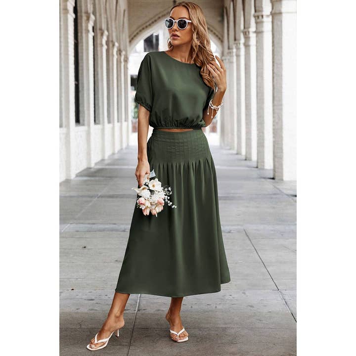 Elings - Wholesale Top & Skirt Set - Women's - Two Pieces Solid Color Loose Puff Sleeve Pleated Sets6