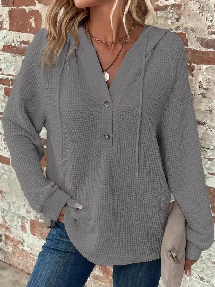 safistyle - Wholesale Hoodie - Women's - Women’s Waffle Knit V-Neck Hoodie Sweatshirt9
