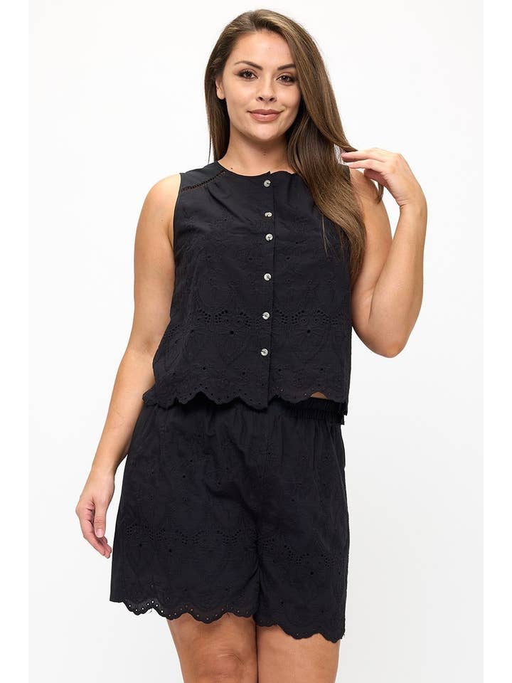 Solid Eyelet Sleeveless Top and Shorts Set for wholesale by FashionShowcase
