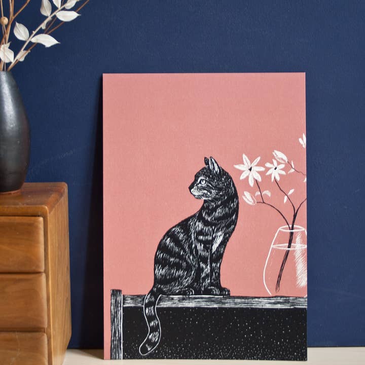Poster Cat with Vase, A4, Animal Illustration for wholesale by Katja Rub