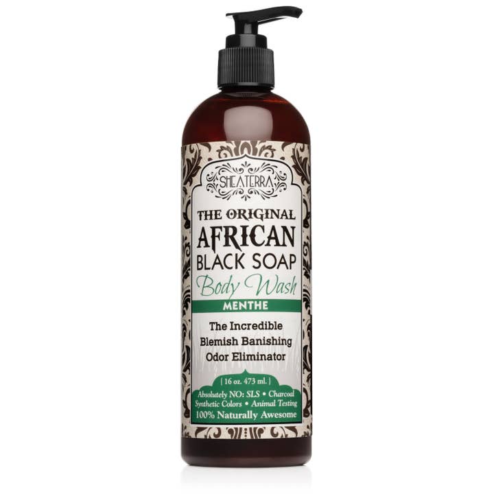100% Naturally Original African Black Soap Body Wash MENTHE for wholesale by Shea Terra Organics