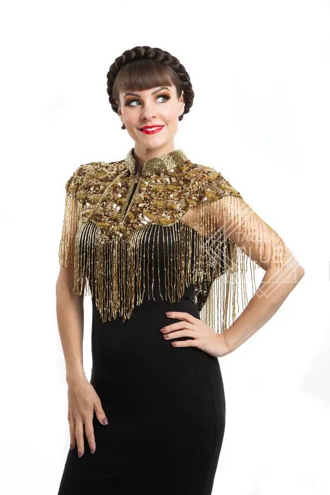 Talulah Blue - Wholesale Cape - Women's - 1920 Gold Embellished Beaded Great Gatsby Cape Fringe Top3