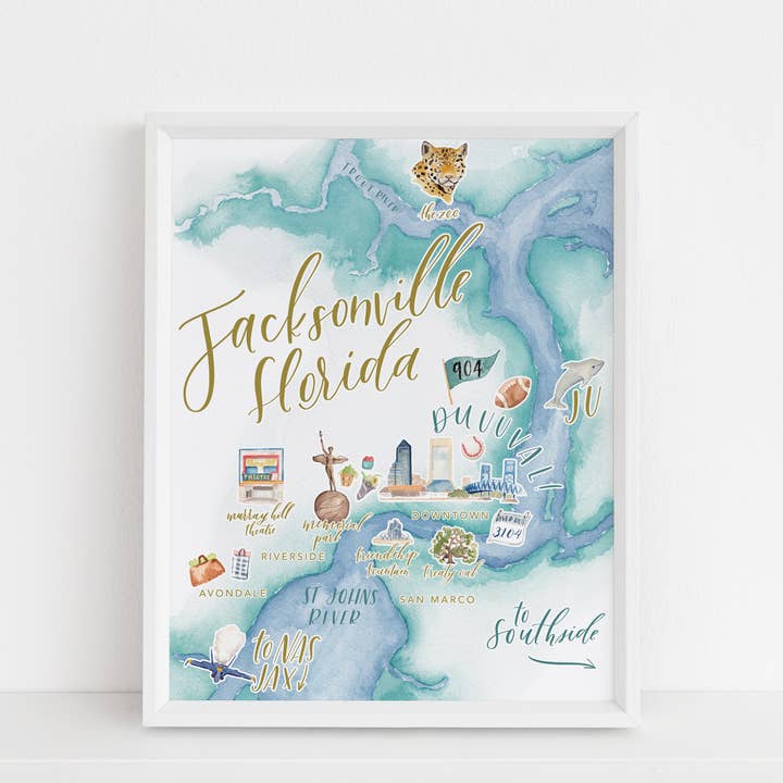 Jacksonville, Florida Watercolor Map for wholesale by Five and Two Studio