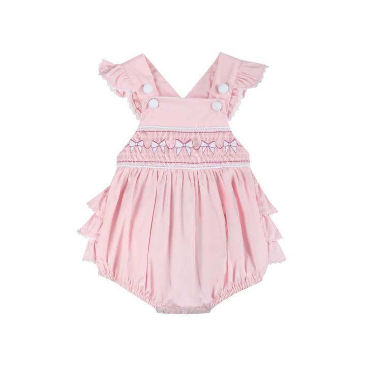 Lil Cactus - Wholesale Bodysuit (Non-Footed) - Baby - Pink and White bows Smocked Ruffle Romper