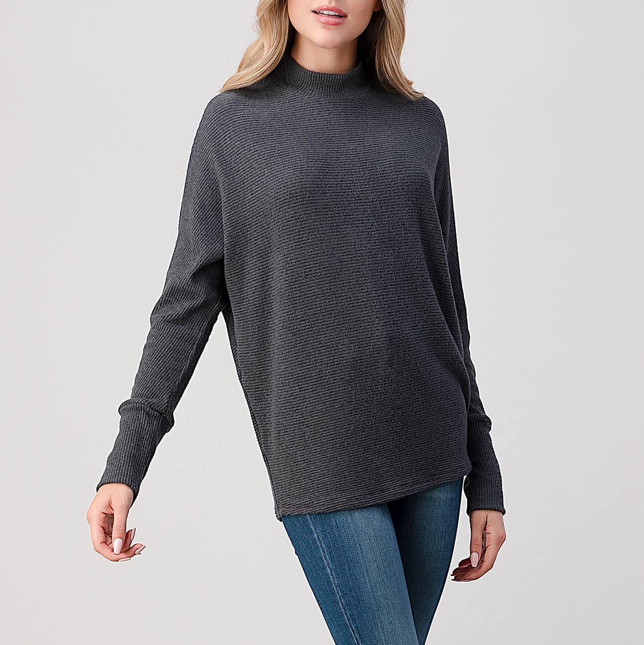 Heimious - Wholesale Knit Top - Women's - Mock Neck Long Dolman Sleeve Ribbed Knit Top, T26170