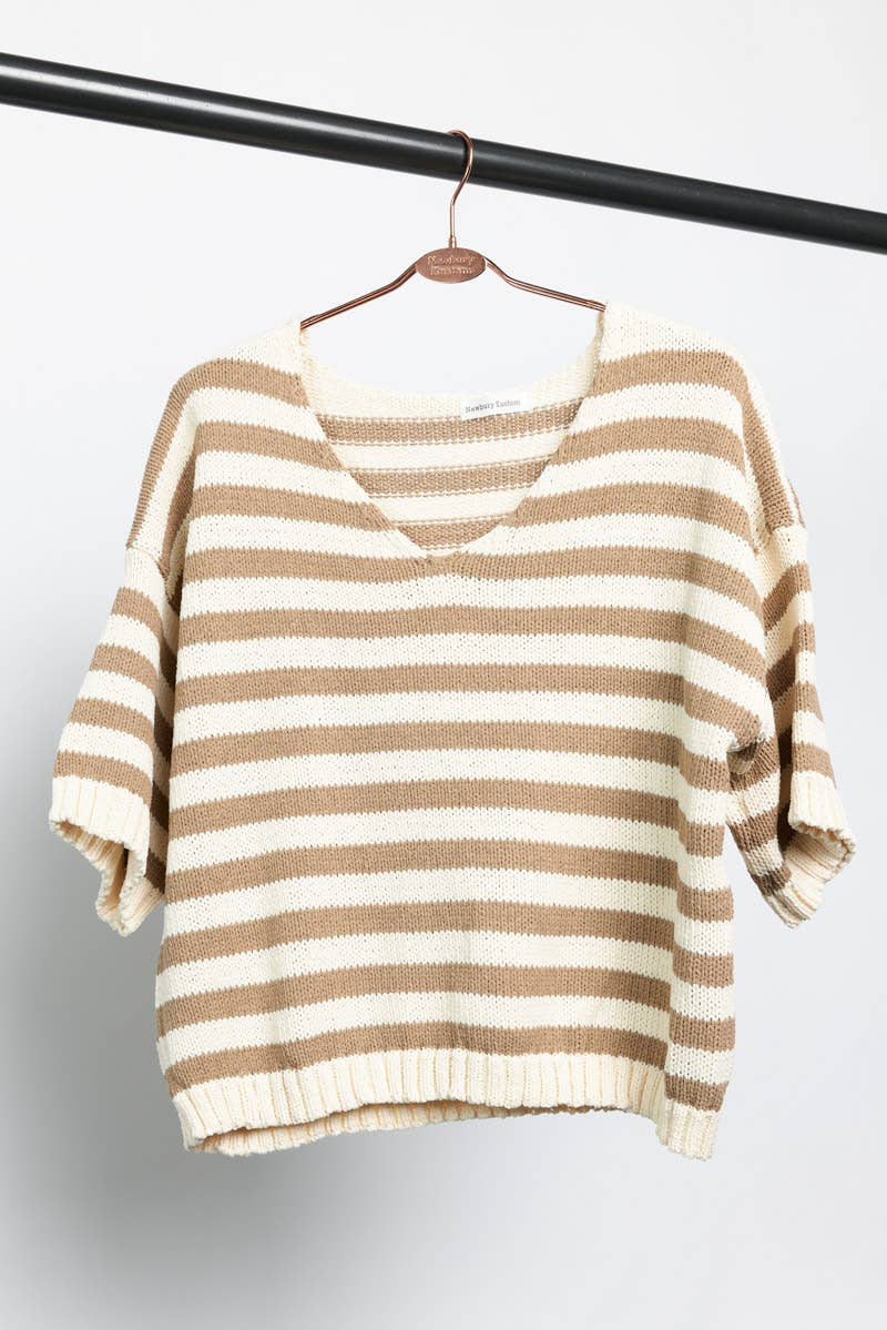 Newbury Kustom - Wholesale Knit Top - Women's - 11300-Striped Short Sleeve V-Neck Knit Top7