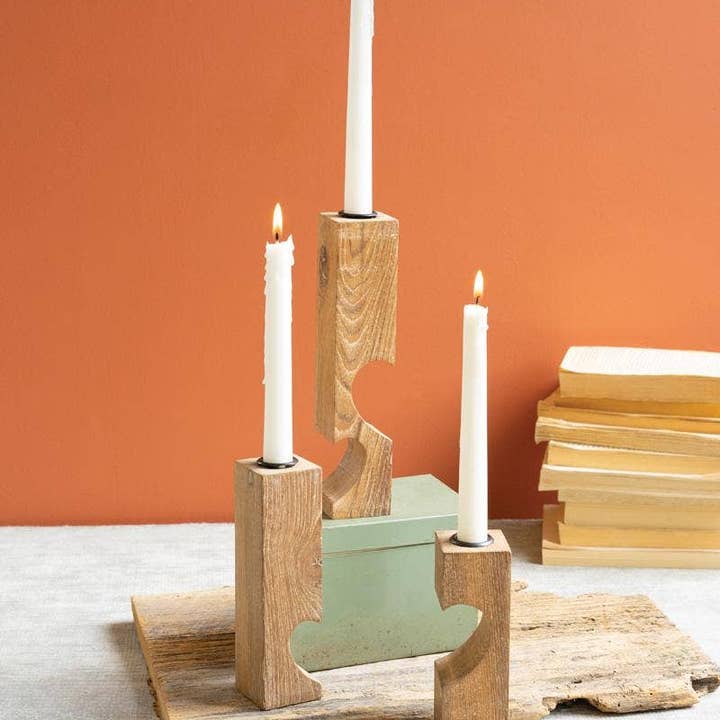 Kalalou - Wholesale Candle Holder - Triple Reclaimed Heart Wood Taper Candle Holder