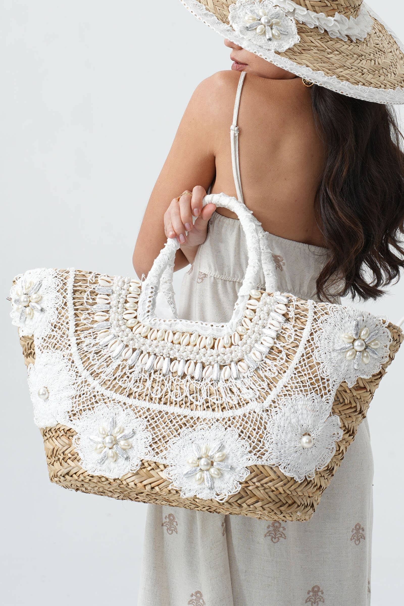 White Straw Basket with Lace, Shells, Pearls BA-15328 for wholesale on Faire0