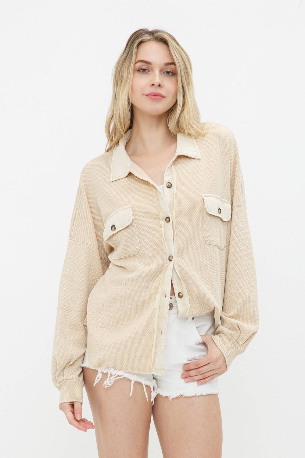 Blue B - Wholesale Shirt Jacket/Shacket - Women's - 31626J - Textured Knit Contrast Washed Frayed Button Jacket15