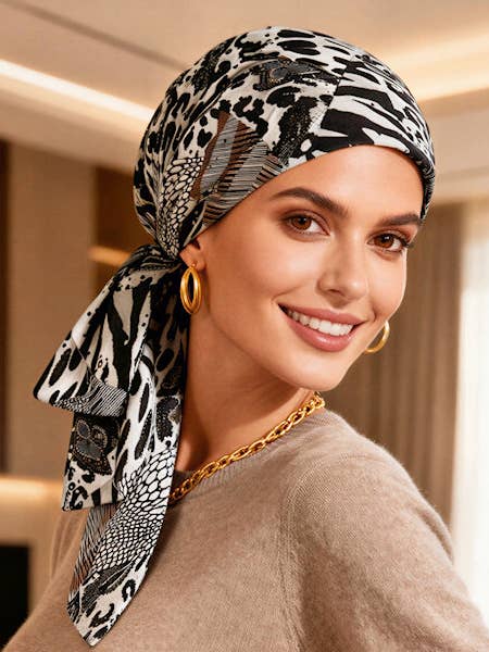 Head Wrap Scarf Gray Black Gold Animal Sequin for wholesale by Turban Plus