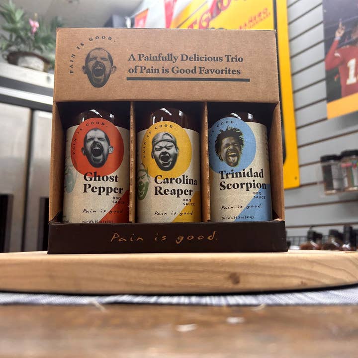 Coffret cadeau sauces BBQ épicées Pain Is Good pour la vente par Spicin Foods