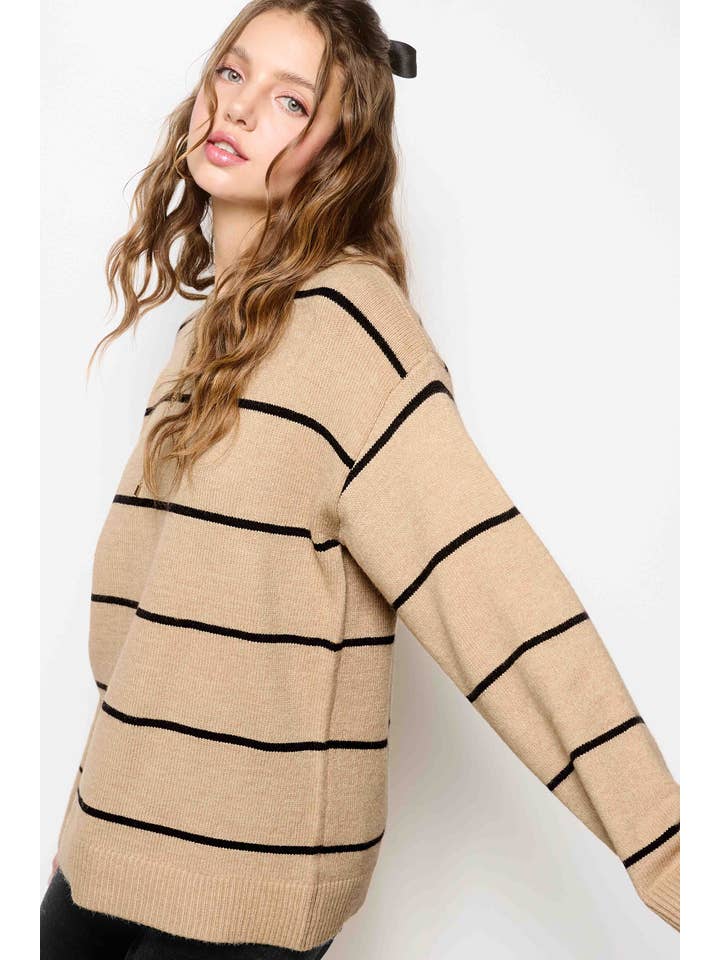 La Miel - Wholesale Knit Sweater - Women's - HCS3553-Loose Fit Stripe Long Sleeve Crewneck Sweater